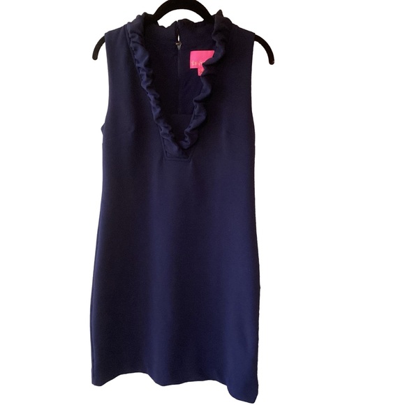 Lilly Pulitzer Tisbury Shift Dress Size Medium Navy Ruffle Neckline Night Out - Picture 2 of 11